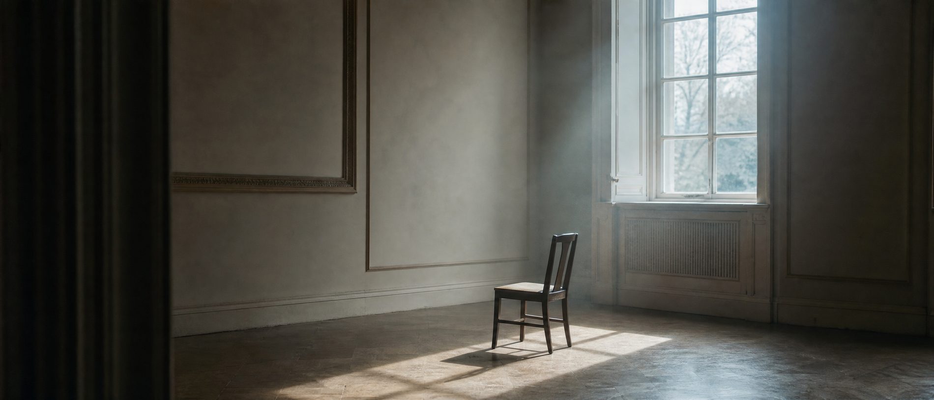 An empty plaster-walled room with a single wooden chair turned toward a tall window and dust in the light