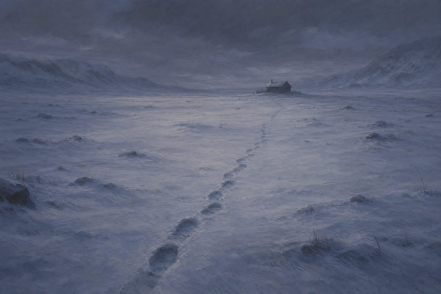 A vast empty snowfield crossed by a single line of footprints leading to a distant unlit cabin