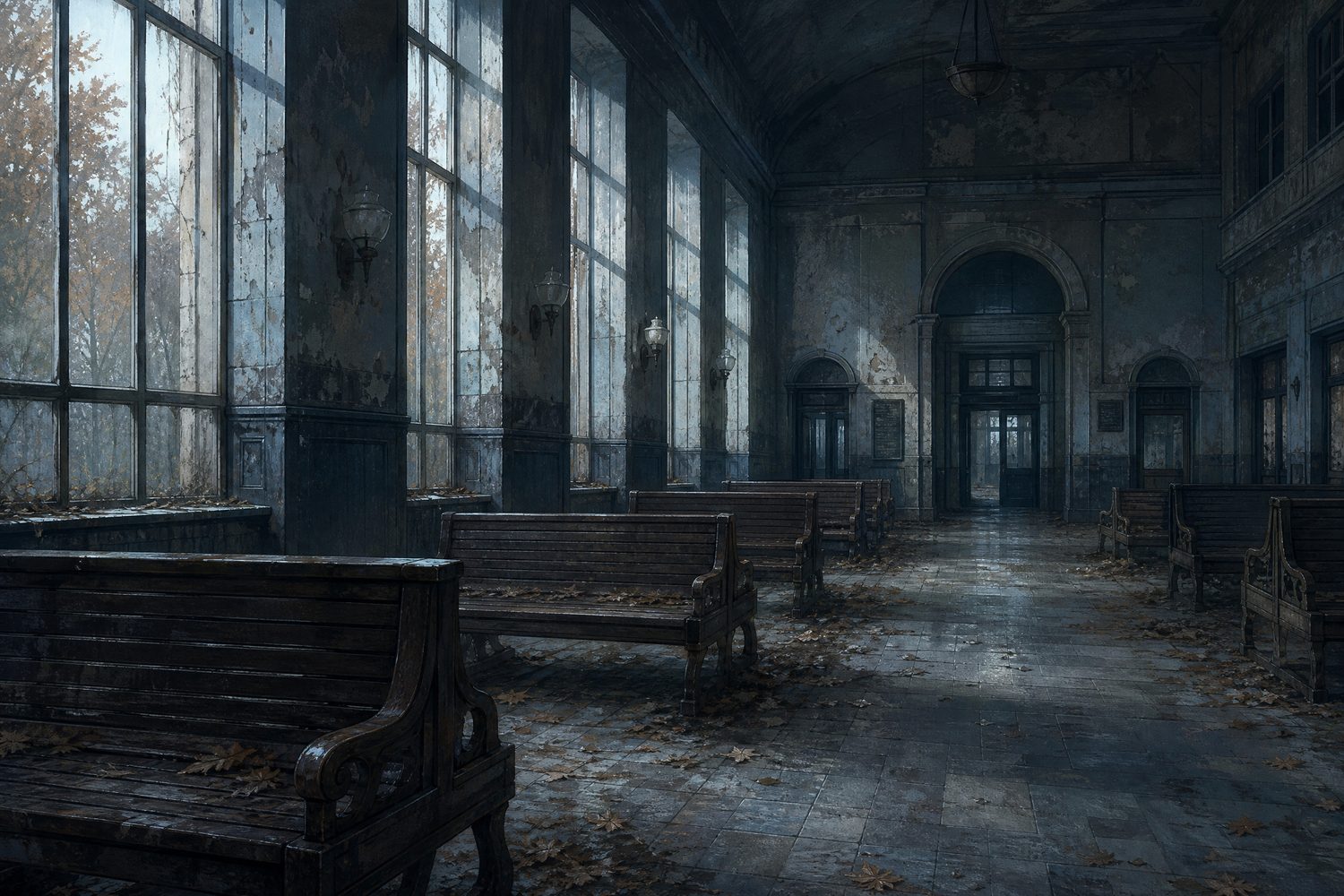 The interior of an abandoned railway waiting hall with long wooden benches and leaves on the floor