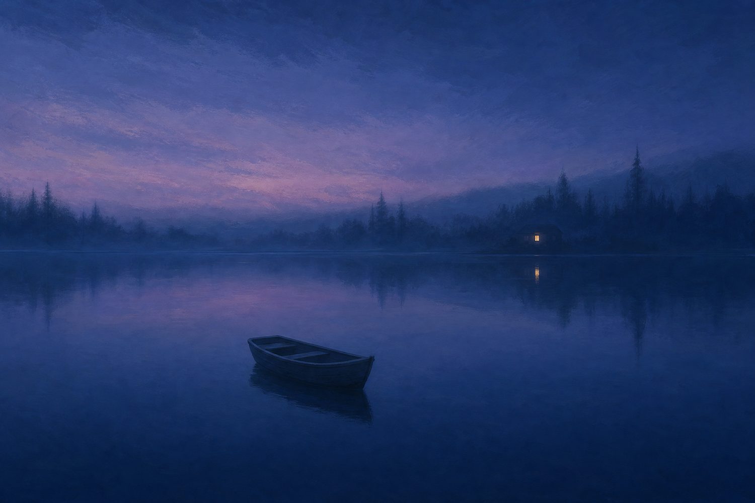 A small rowing boat alone in the middle of a wide flat lake at dusk with one distant lit window