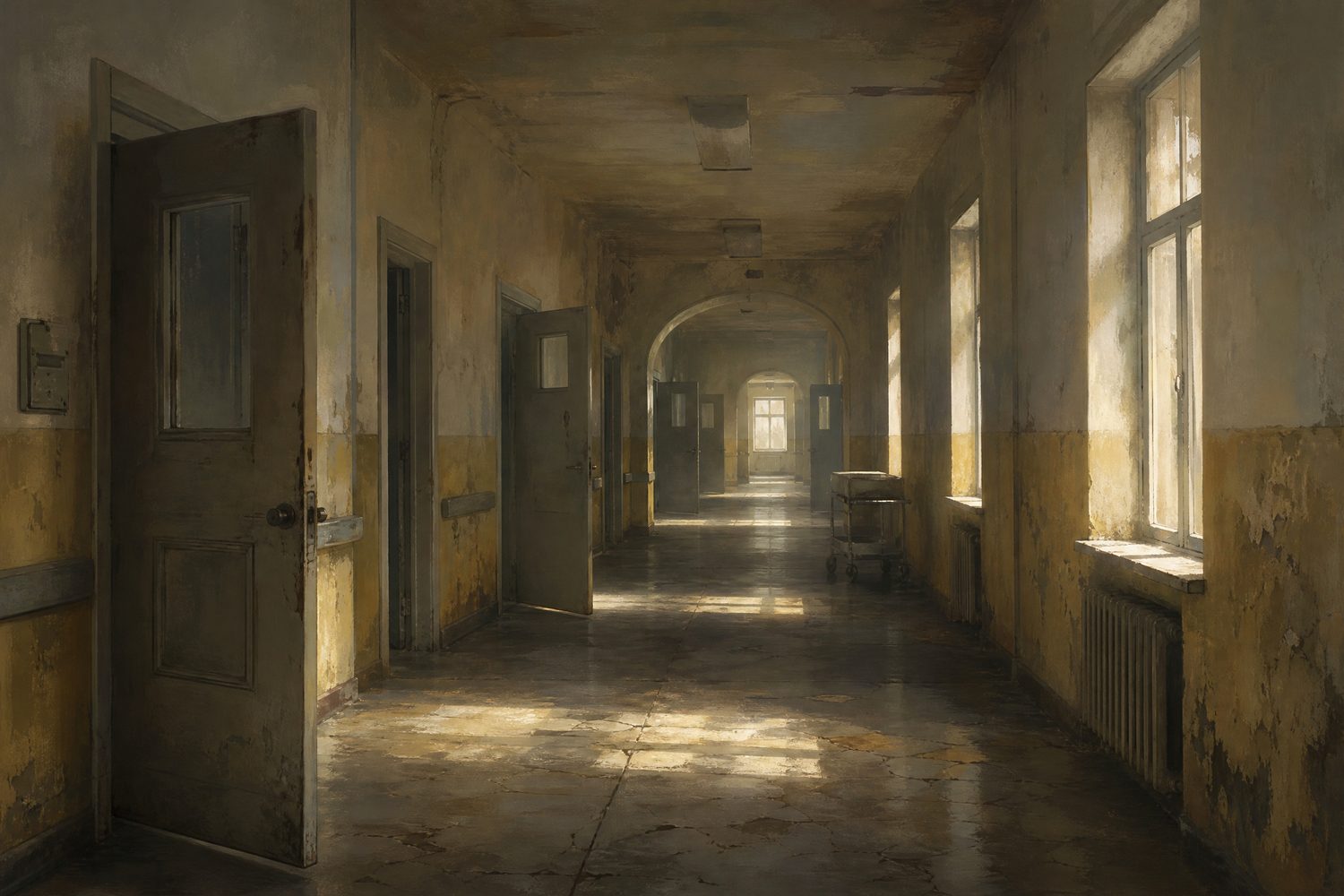 A long empty corridor in a disused institution with doors ajar and light falling in bands