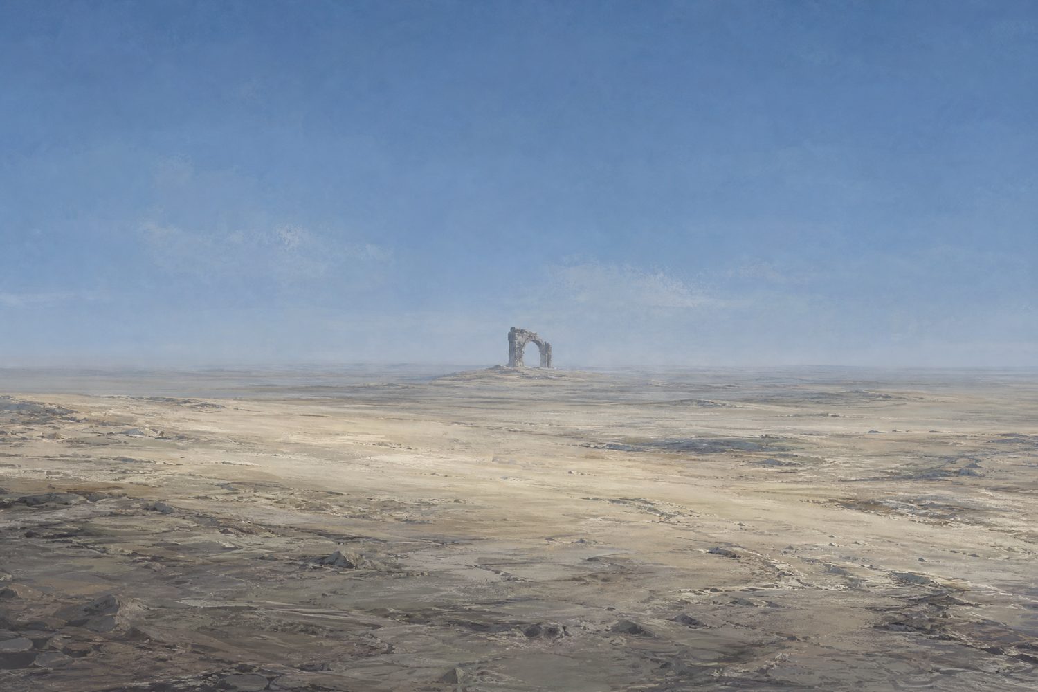 A wide desert plateau at midday with a single ruined stone arch visible far away